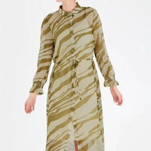 Ichi Bikka Dress Midi Chiffon Crepe Long Sleeve Button Down Belted Green US 8